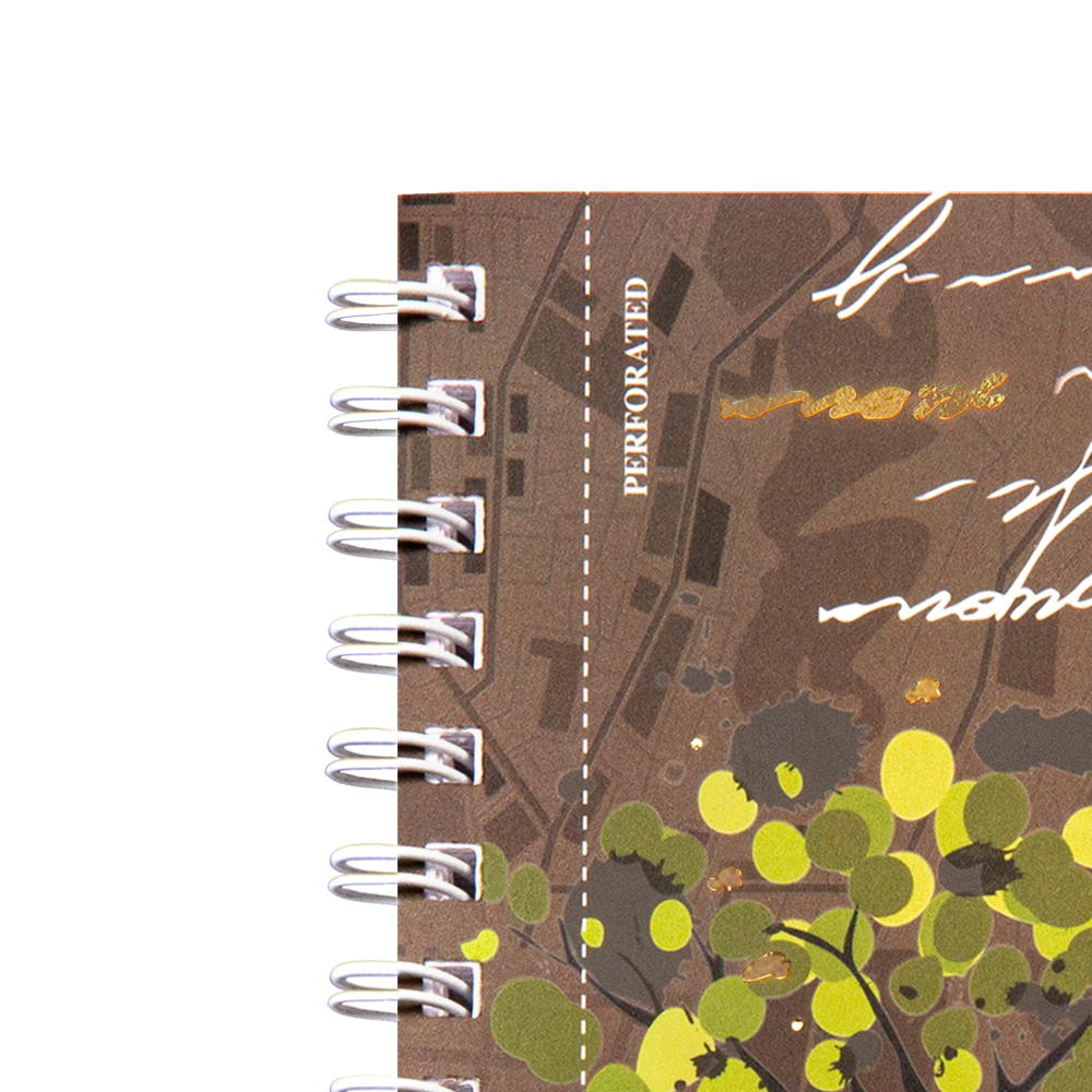 Notebook with nature-themed design and 'Perforated' text on a white background