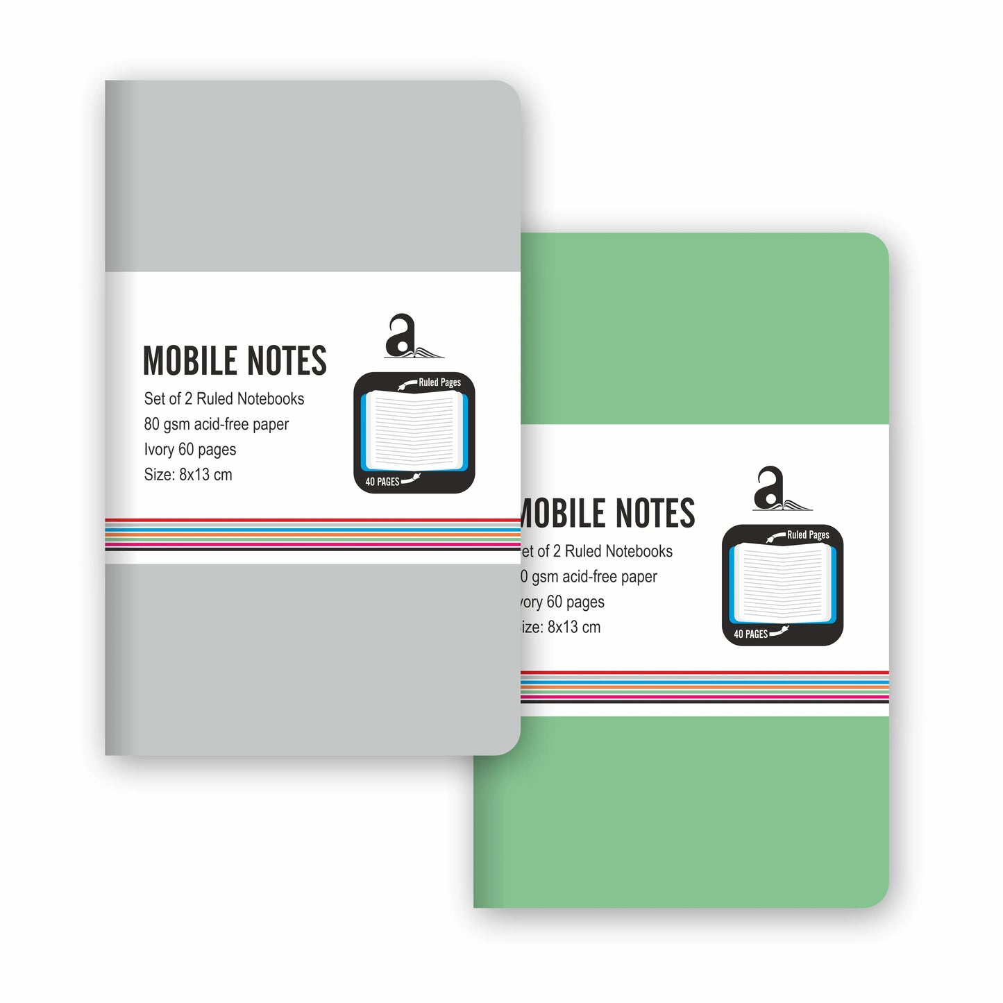 Two notebooks, one gray and one green, with 'MOBILE NOTES' branding on a white background.