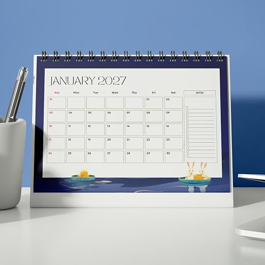 A5 Desk Calendar 2027 | Moon&bunny Theme Table Calendar|Premium 300 GSM Textured Paper