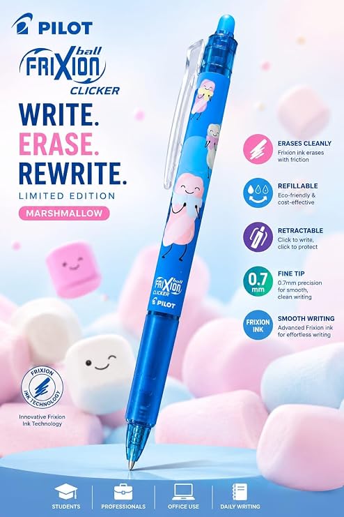 Pilot Frixion Erasable & Refillable Clicker/Retractable Roller Ball Pen|Blue Ink- 0.7mm  | Sweet paradise Character Series