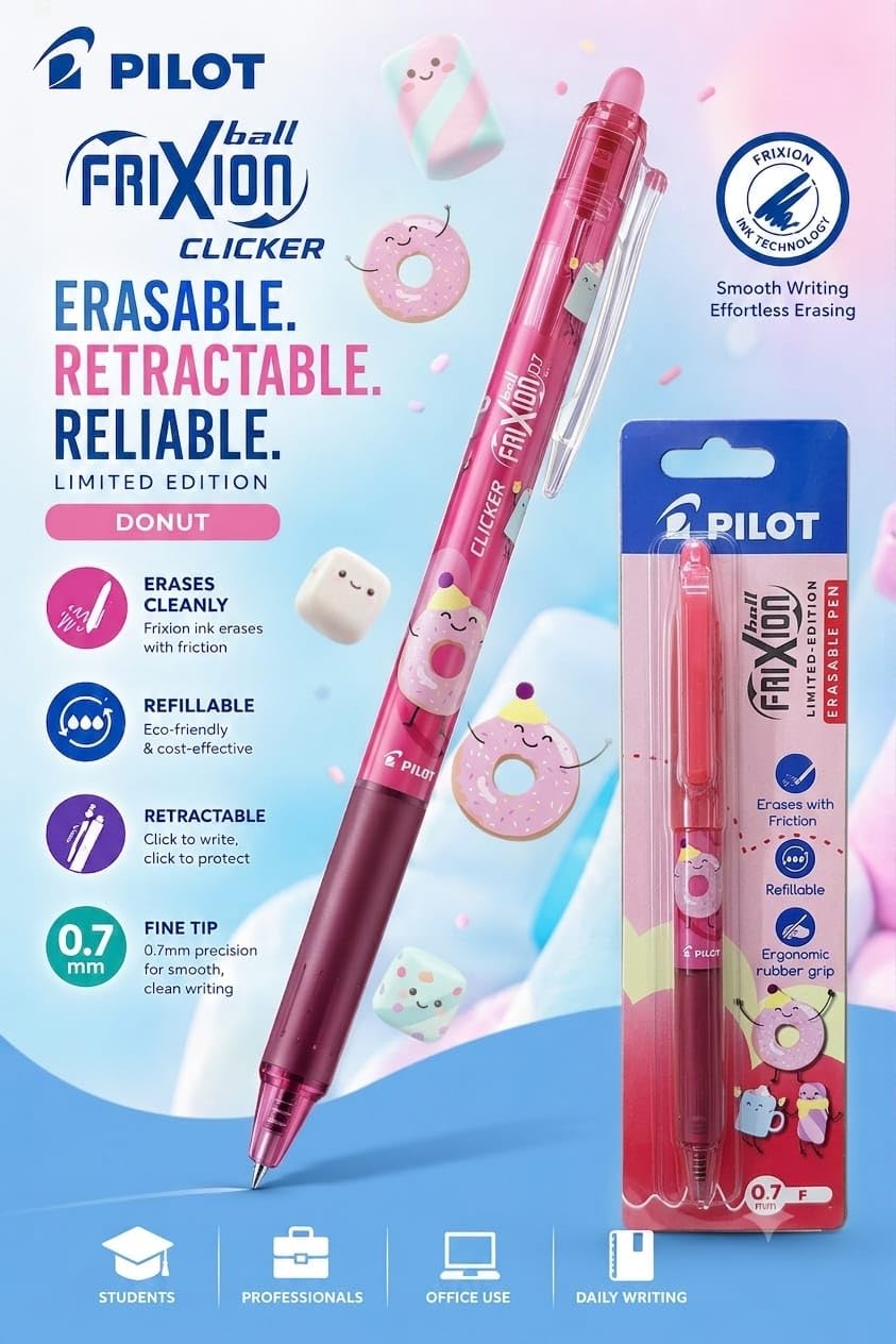 Pilot Frixion Erasable & Refillable Clicker/Retractable Roller Ball Pen|Blue Ink- 0.7mm  | Sweet paradise Character Series
