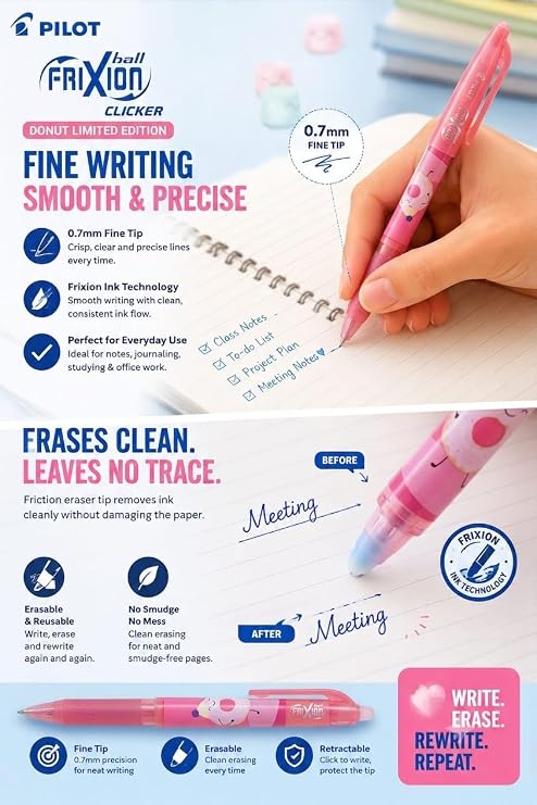 Pilot Frixion Erasable & Refillable Roller Ball Pen|Blue Ink- 0.7mm  | Sweet paradise Character Series