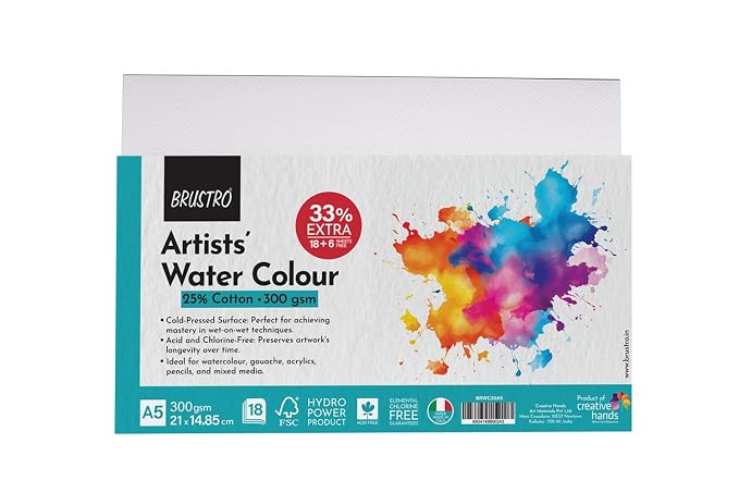 Brustro Artists Watercolour Paper | 300 GSM| A5 |A4| 25% Cotton, Cold Pressed