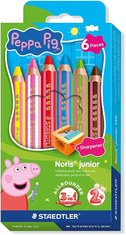 STAEDTLER Peppa Pig x Noris Junior 3-in-1 Jumbo Watercolour Colouring Pencils | 6 Assorted Colours