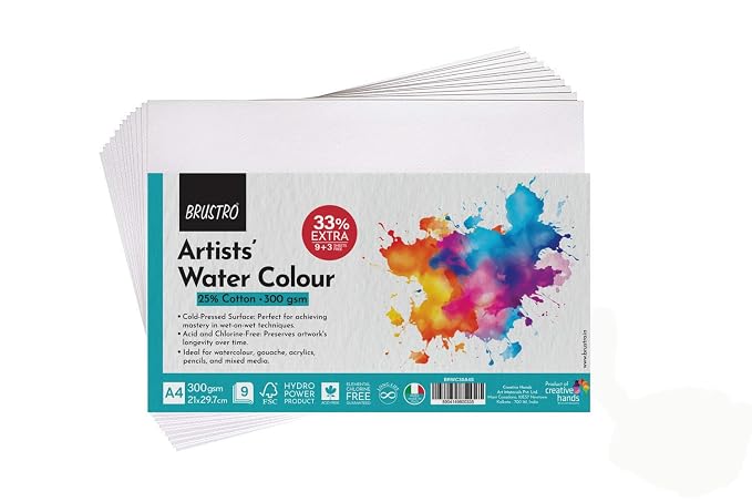 Brustro Artists Watercolour Paper | 300 GSM| A5 |A4| 25% Cotton, Cold Pressed