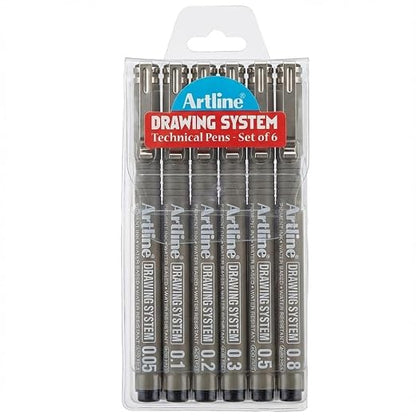 Artline Drawing System Pen Pack of 6 | Black Colour - 0.1mm, 0.2mm, 0.3mm, 0.5mm, 0.05mm, 0.8mm Fine Tips | Technical Drawing Pens For Drafting, Illustrating