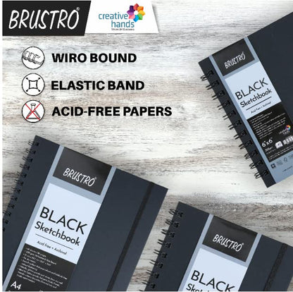 Brustro Black Sketchbook | Wiro Bound |200GSM |A4 |A5|6X6