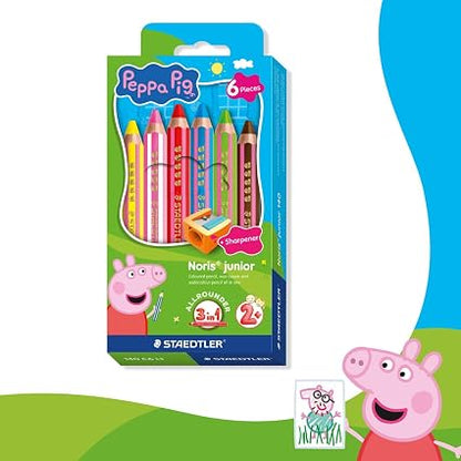STAEDTLER Peppa Pig x Noris Junior 3-in-1 Jumbo Watercolour Colouring Pencils | 6 Assorted Colours