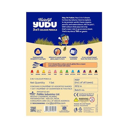 Fevicryl YUDU 3-in-1 Colour Pencils | 12 Shades + Free sharpner