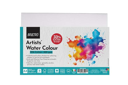 Brustro Artists Watercolour Paper | 300 GSM| A5 |A4| 25% Cotton, Cold Pressed