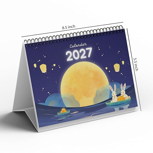 A5 Desk Calendar 2027 | Moon&bunny Theme Table Calendar|Premium 300 GSM Textured Paper