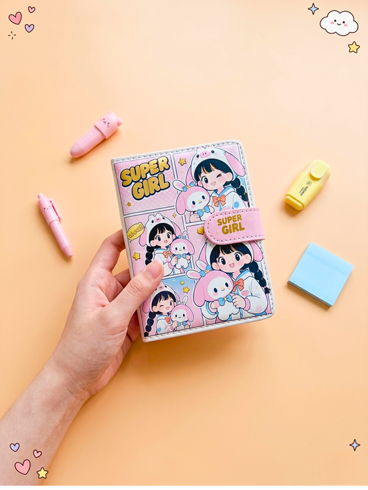 Hand holding a colorful notebook with cartoon characters on a peach background