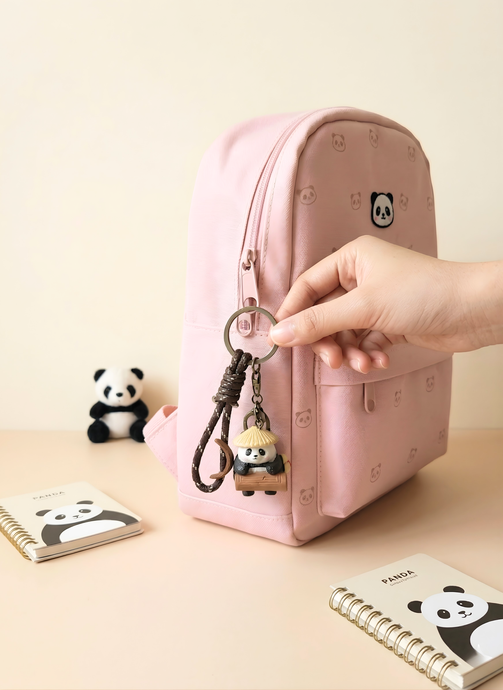 Pink backpack with panda design, keychain, and notebooks on a light background