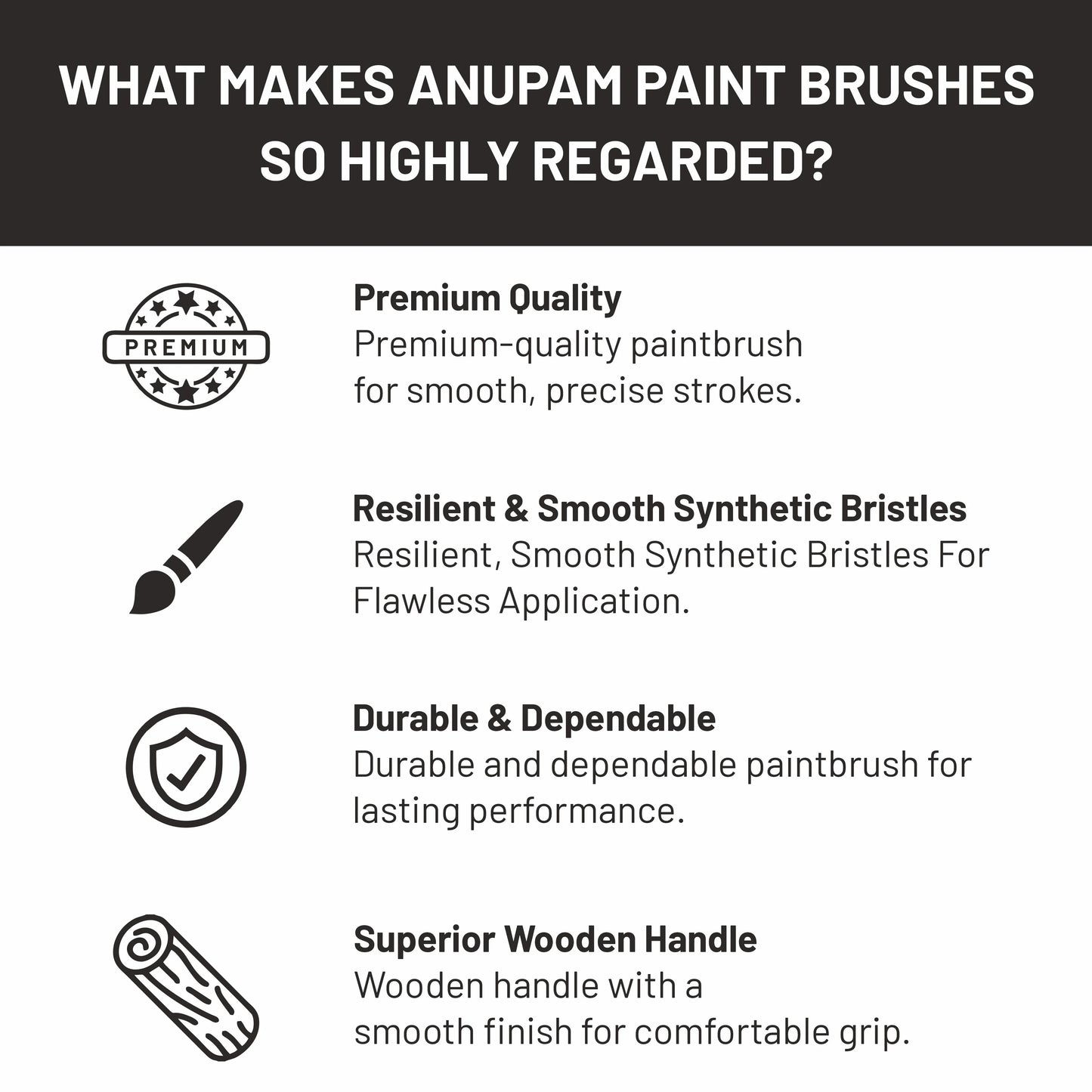 List of features making Anupam paint brushes highly regarded on a black and white background.