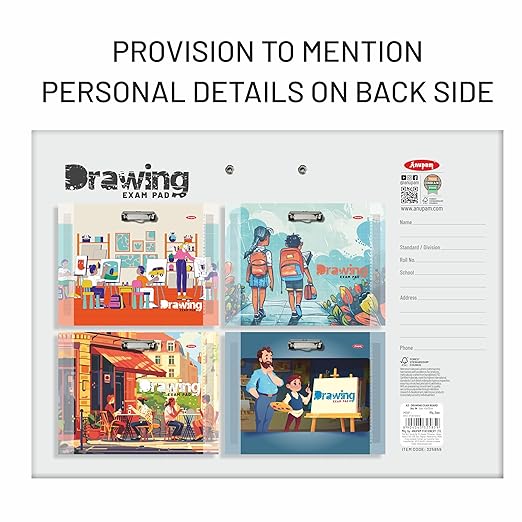 Drawing exam pad with colorful illustrations on a white background