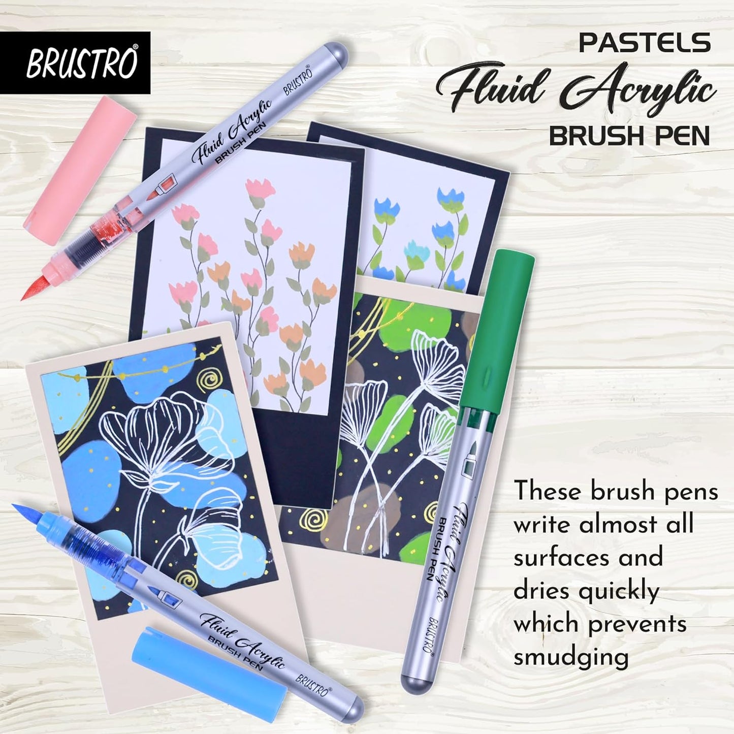 Brustro pastels fluid acrylic brush pens with samples on paper