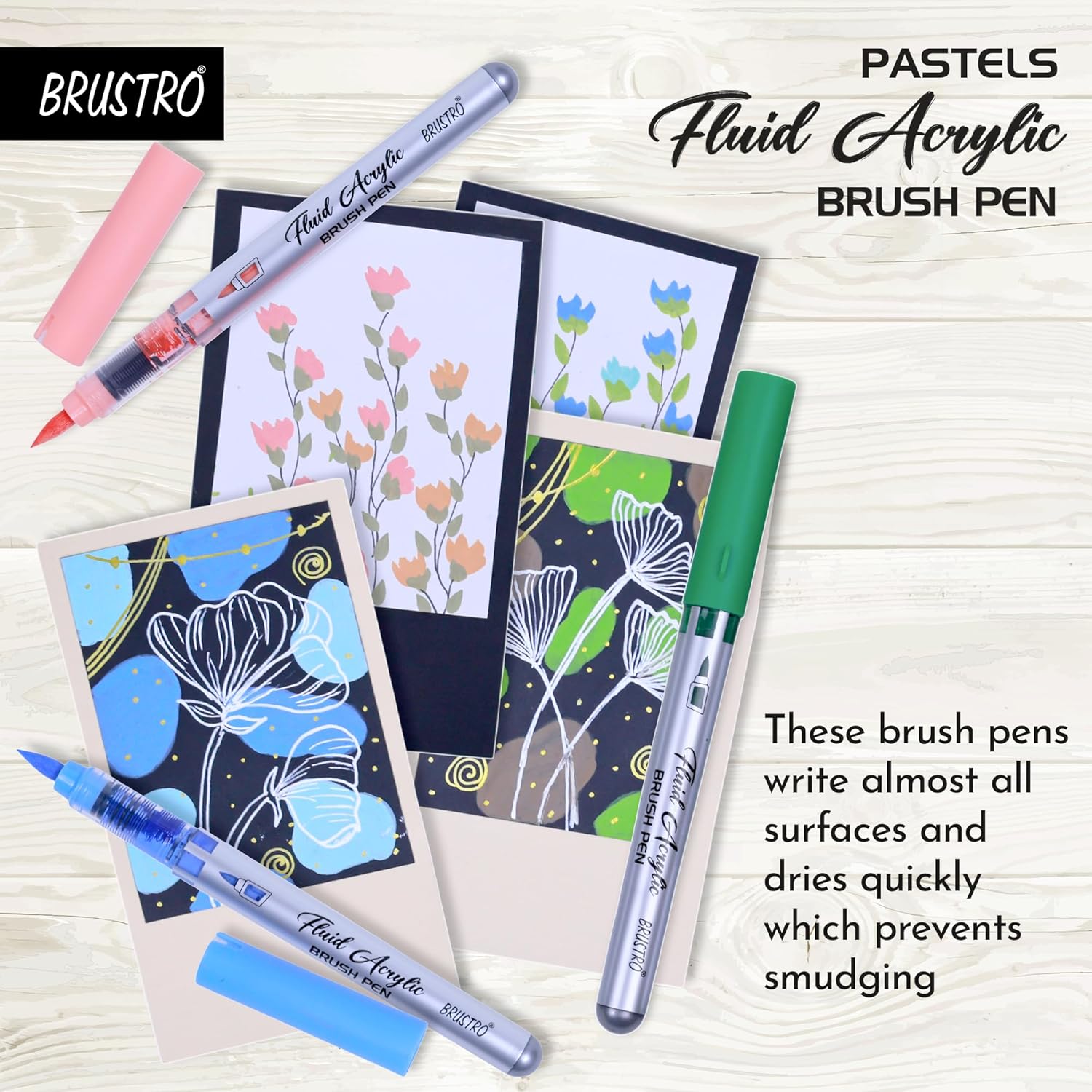 Brustro pastels fluid acrylic brush pens with samples on paper