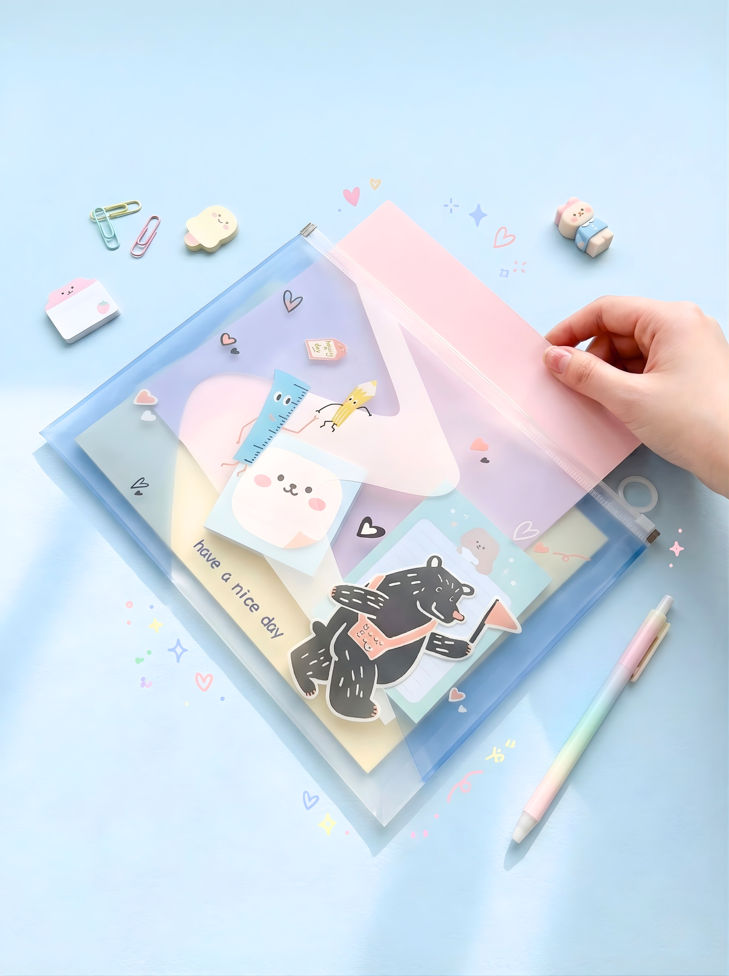 Notebook with cute illustrations on a light blue background