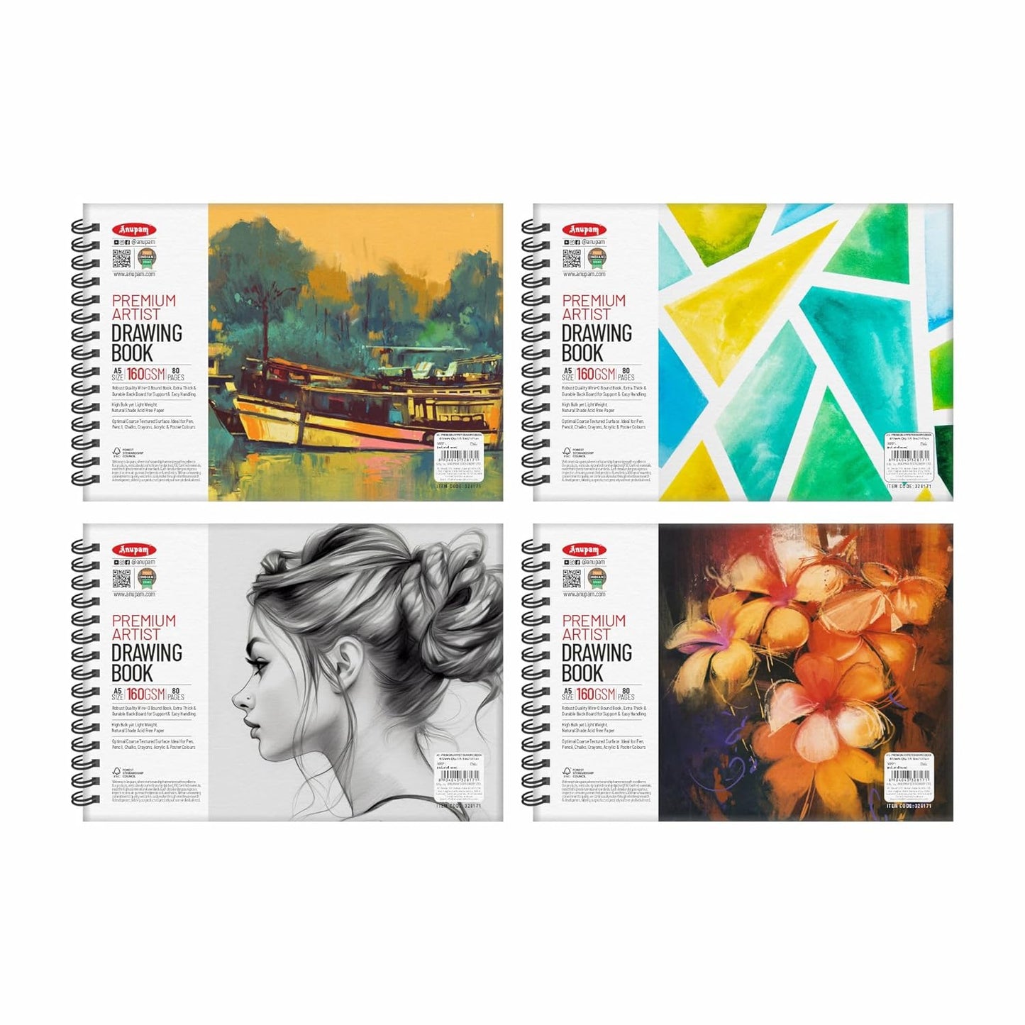 Four different art books with colorful covers on a white background
