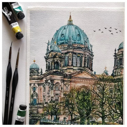 Artistic illustration of a cathedral with painting supplies on the side