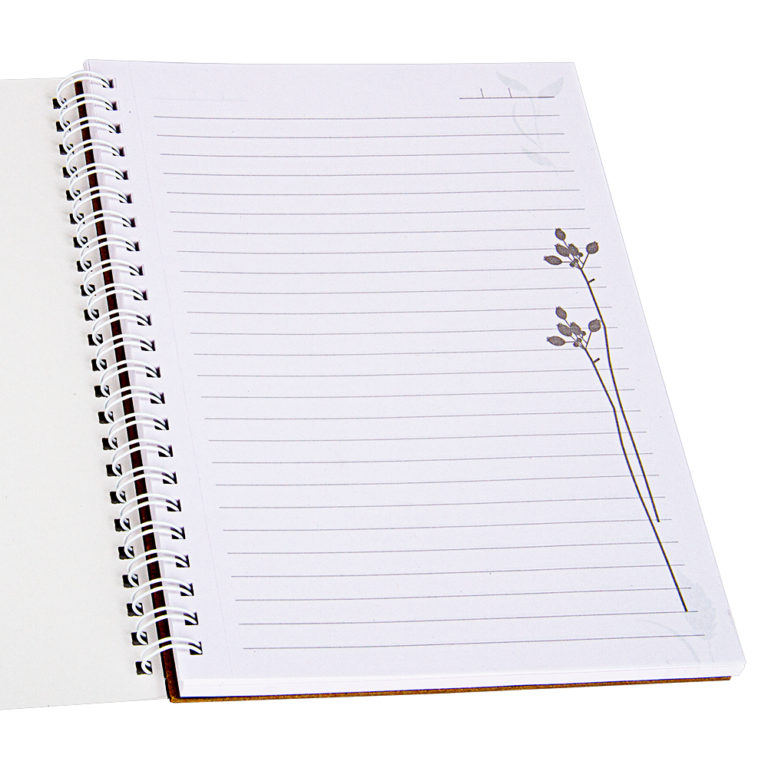Open notebook with lined pages and a floral drawing on a white background