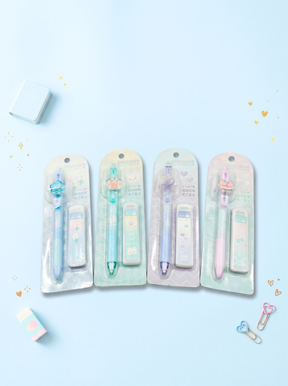 Four packages of colorful pens on a light blue background