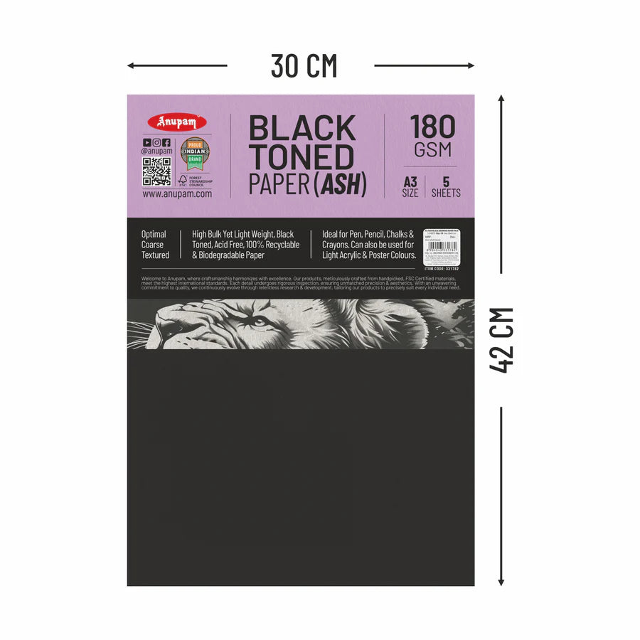 Packaging of black-toned paper with dimensions and product details.