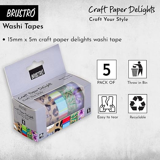 Brustro Craft Paper Delights washi tape packaging with features on a light gray background