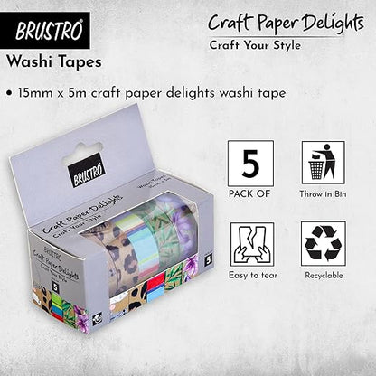 Brustro Craft Paper Delights washi tape packaging with features on a light gray background