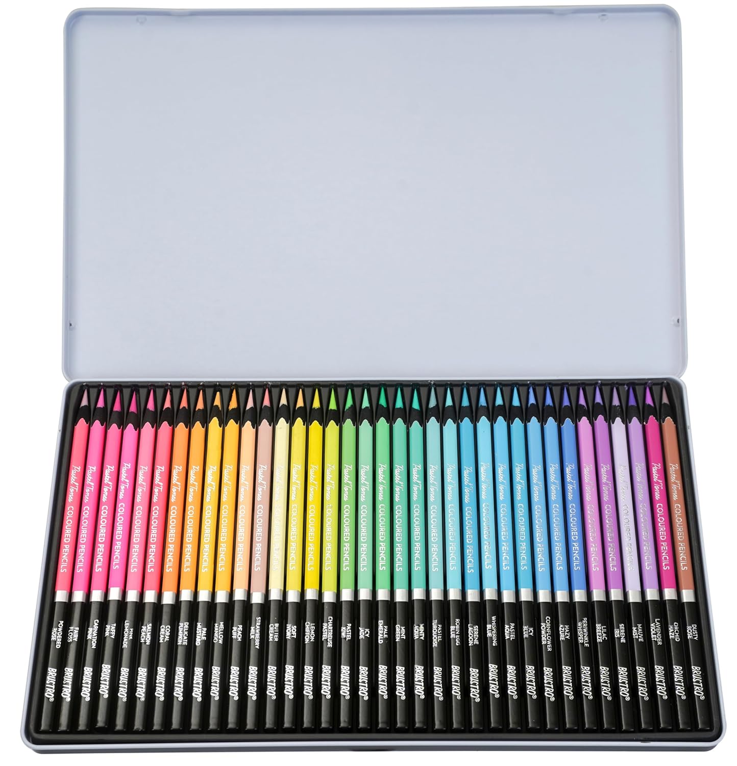 Set of colored pencils in a metal case on a white background