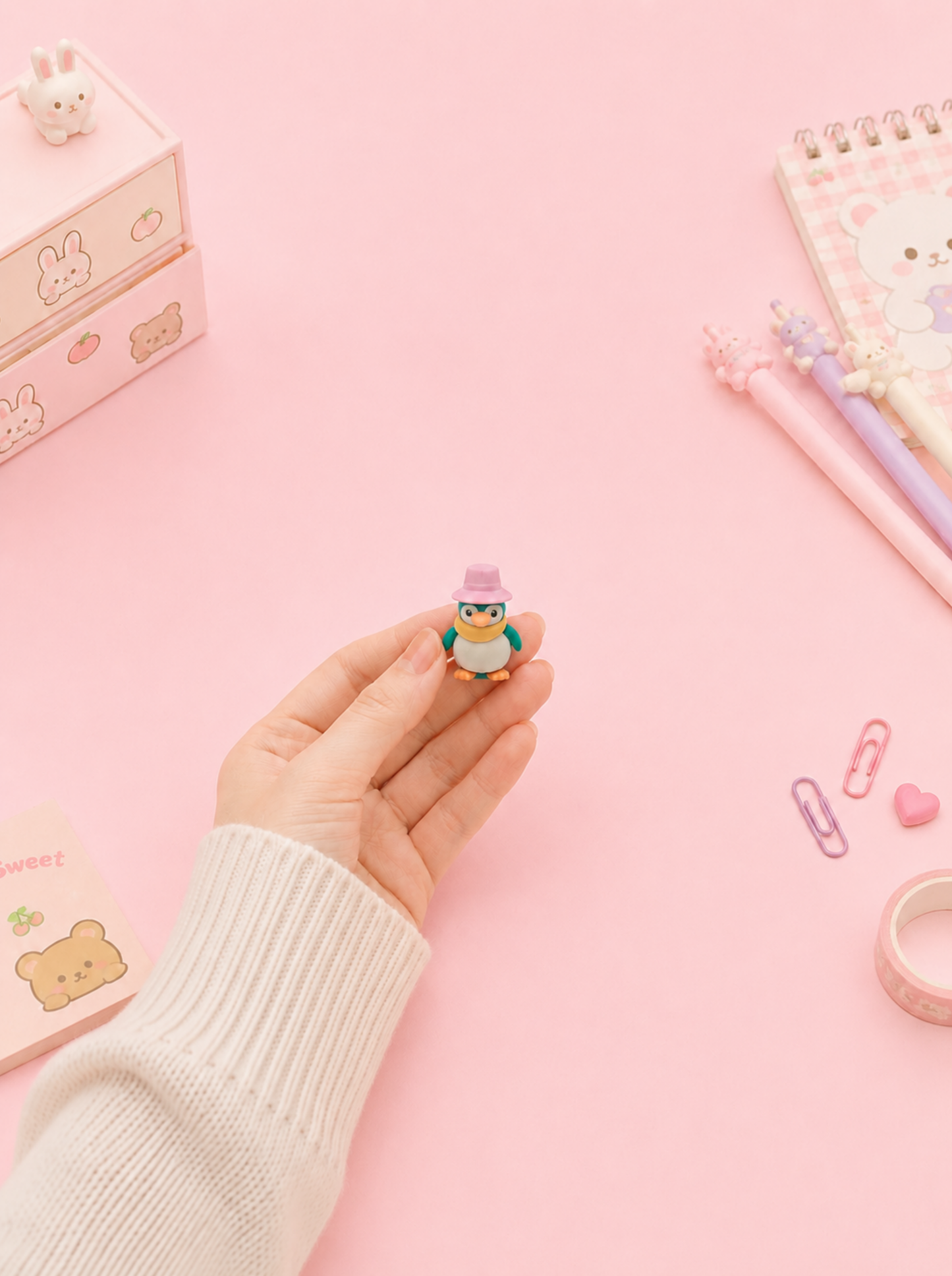 Hand holding a small penguin figurine on a pink background with stationery items.