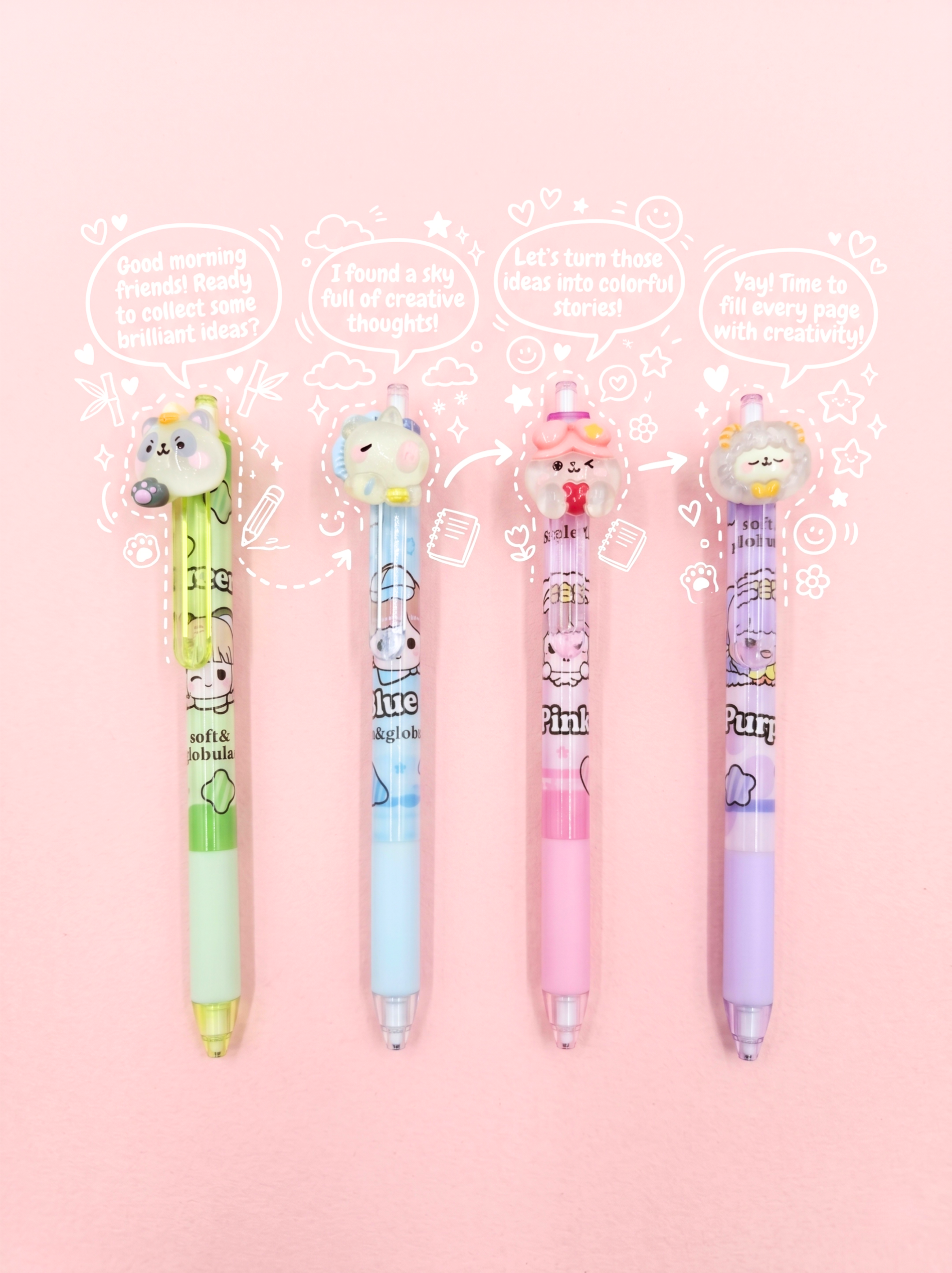 Four colorful pens with cartoon characters on a pink background with doodles.