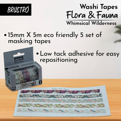 BRUSTRO Washi Tapes Flora & Fauna on a wooden surface with product packaging and tapes displayed.
