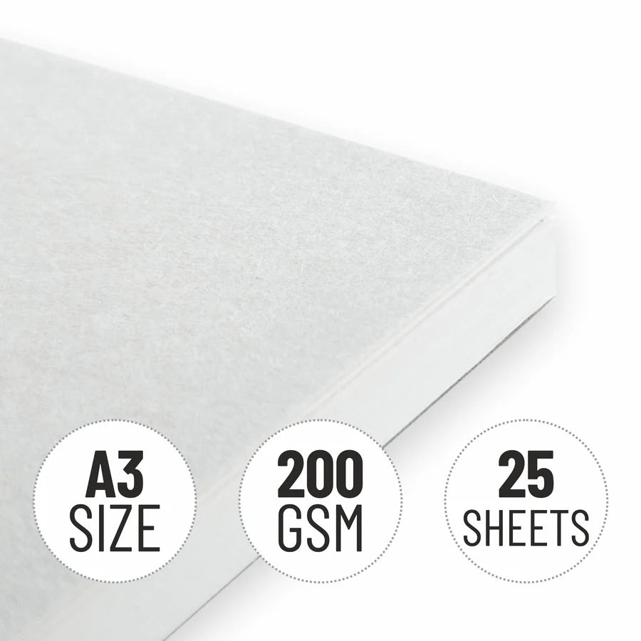 White paper with A3 size, 200 GSM, and 25 sheets text on circular labels.