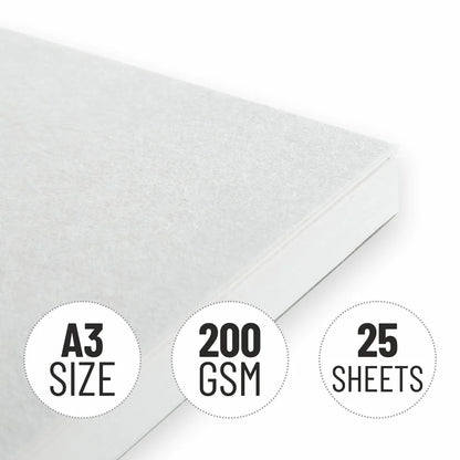 White paper with A3 size, 200 GSM, and 25 sheets text on circular labels.