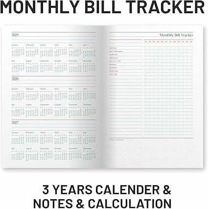 Open planner showing calendar pages and monthly bill tracker with text 'Monthly Bill Tracker' and '3 Years Calendar & Notes & Calculation'.