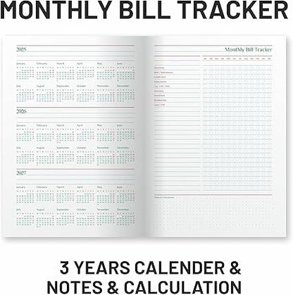 Open planner showing calendar pages and monthly bill tracker with text 'Monthly Bill Tracker' and '3 Years Calendar & Notes & Calculation'.