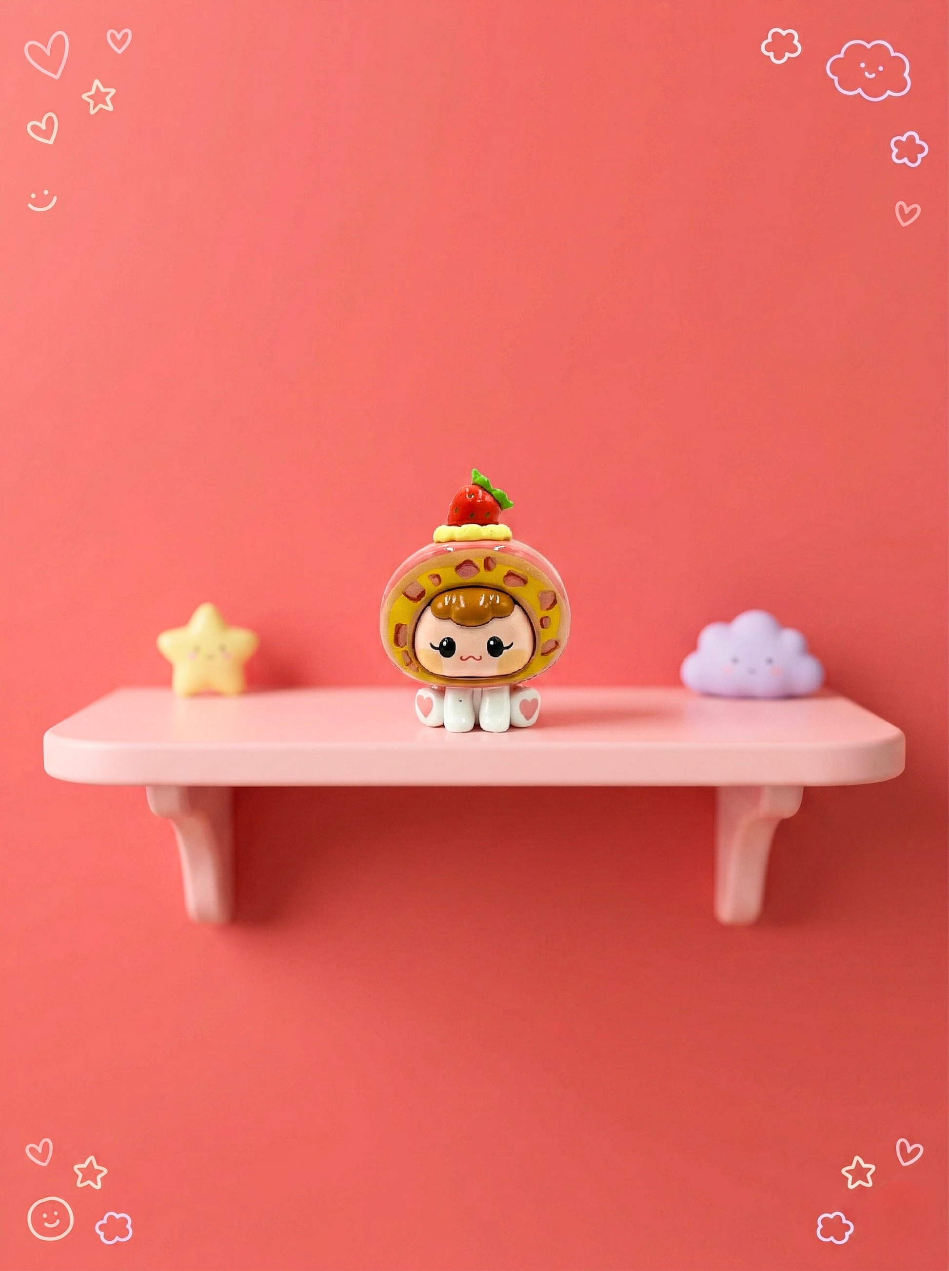 Small figurine on a pink shelf against a pink background