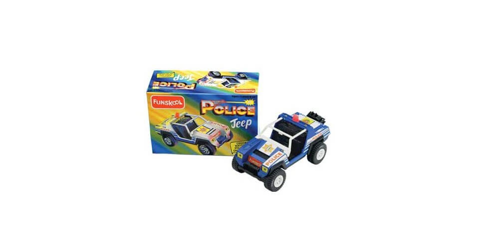 Toy police car with a box on a white background