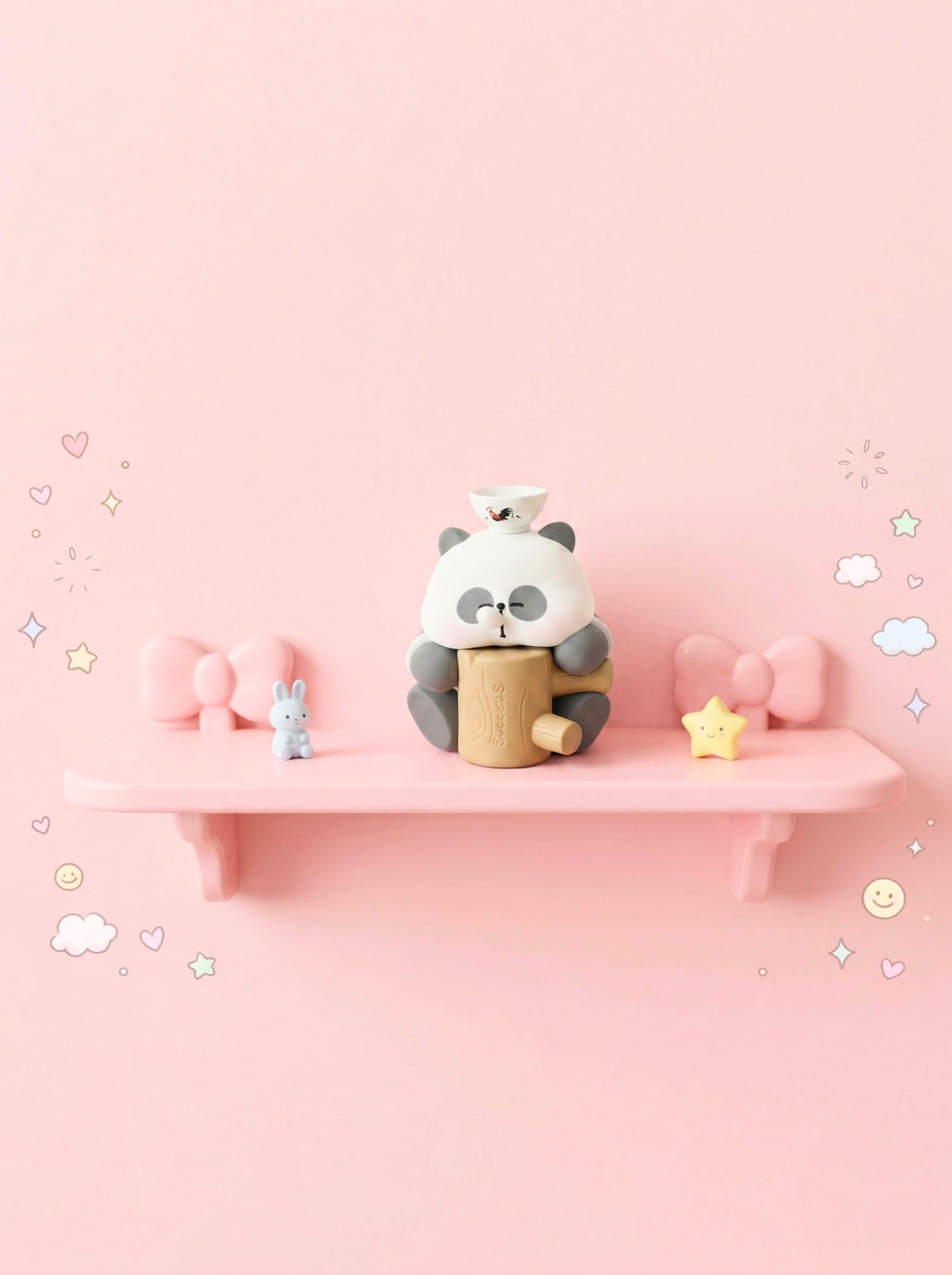 Toy panda on a pink shelf with a pink background