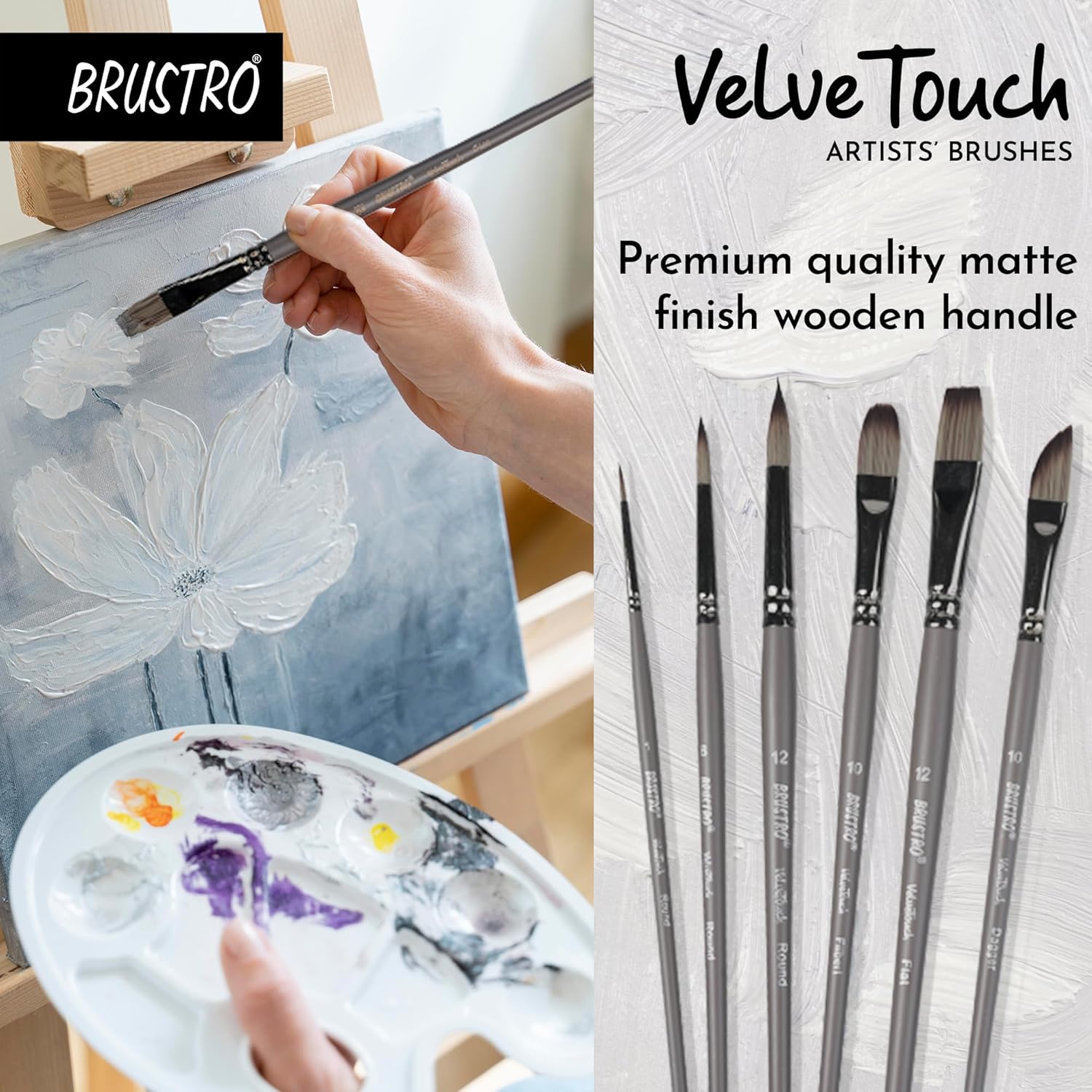 Brustro Velve Touch artists' brushes with a painting and palette in the background
