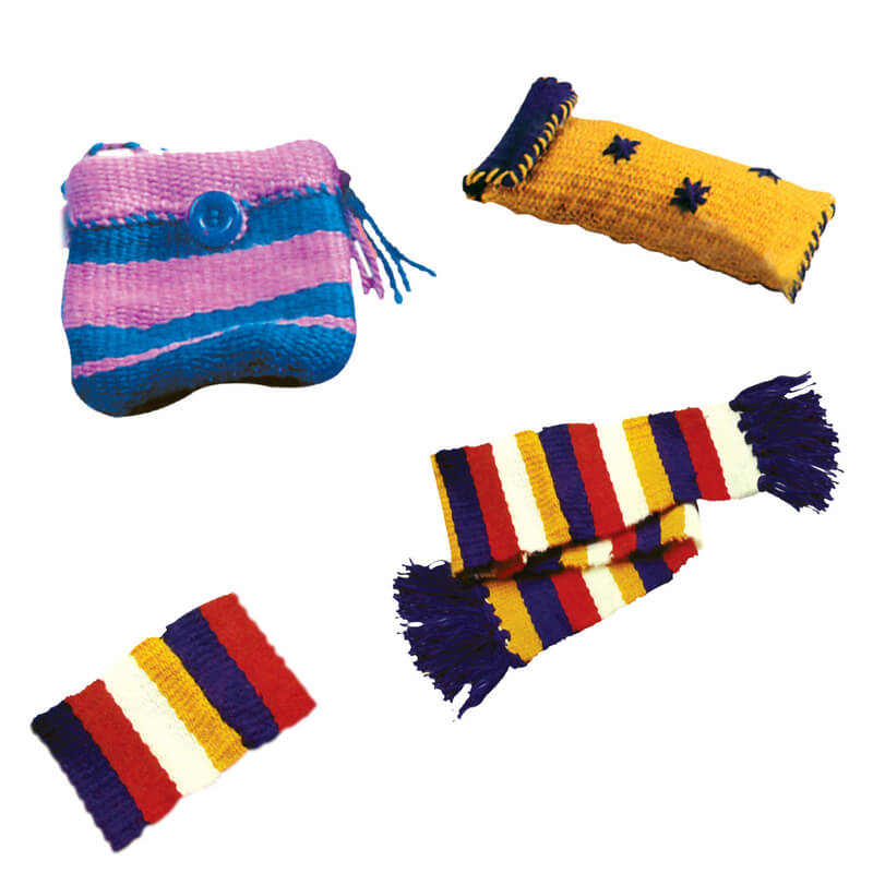 Colorful knitted items including a pouch, scarf, and small bag on a white background
