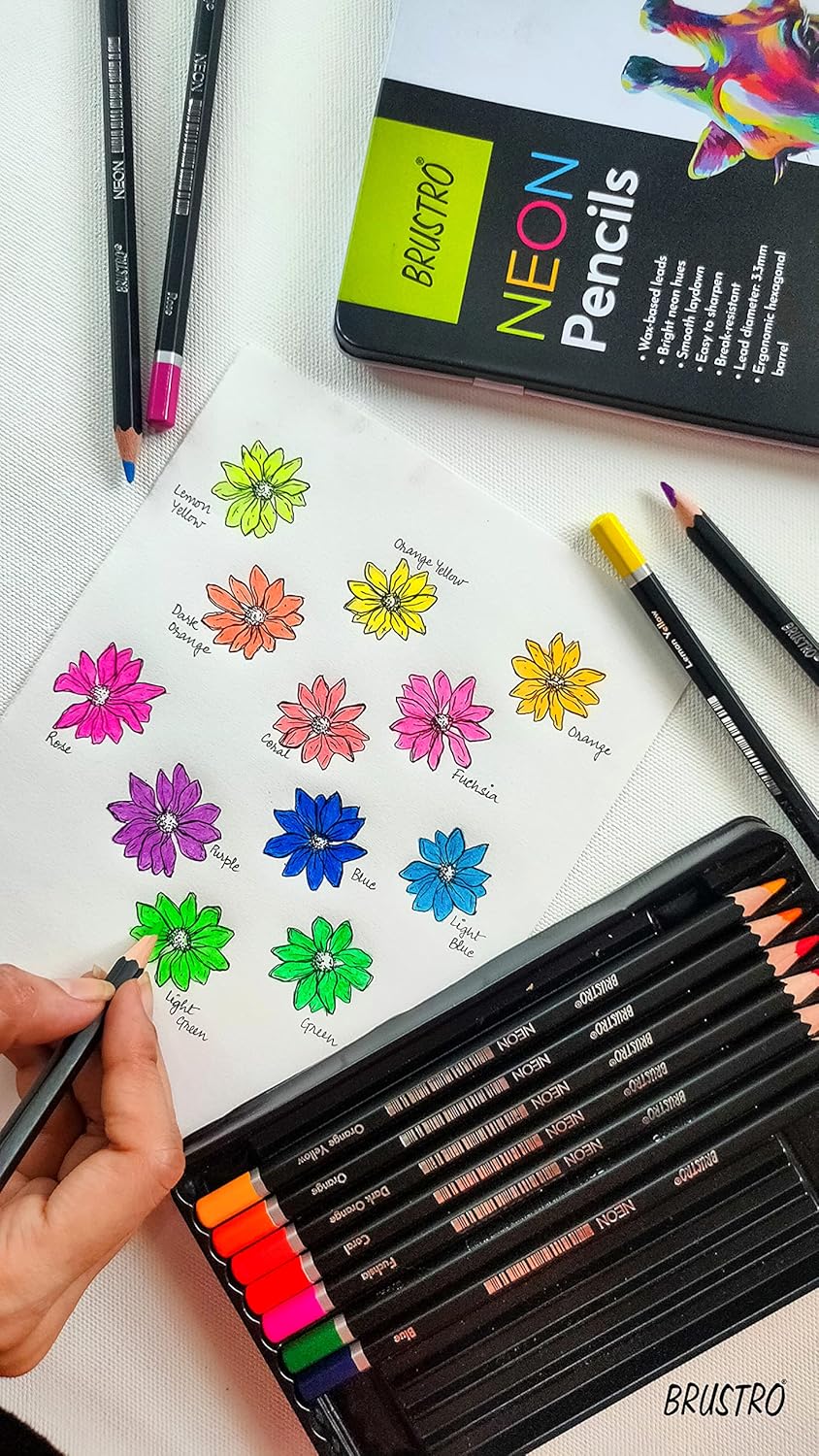 Colorful flower drawings on paper with Brustro neon pencils and a box of Brustro pencils.