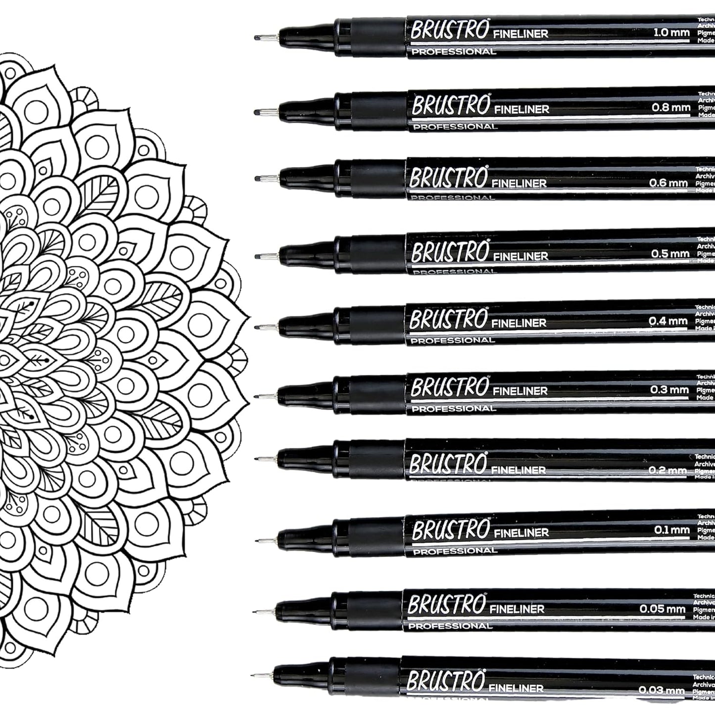 Set of Brustro fineliners with a mandala design on a white background