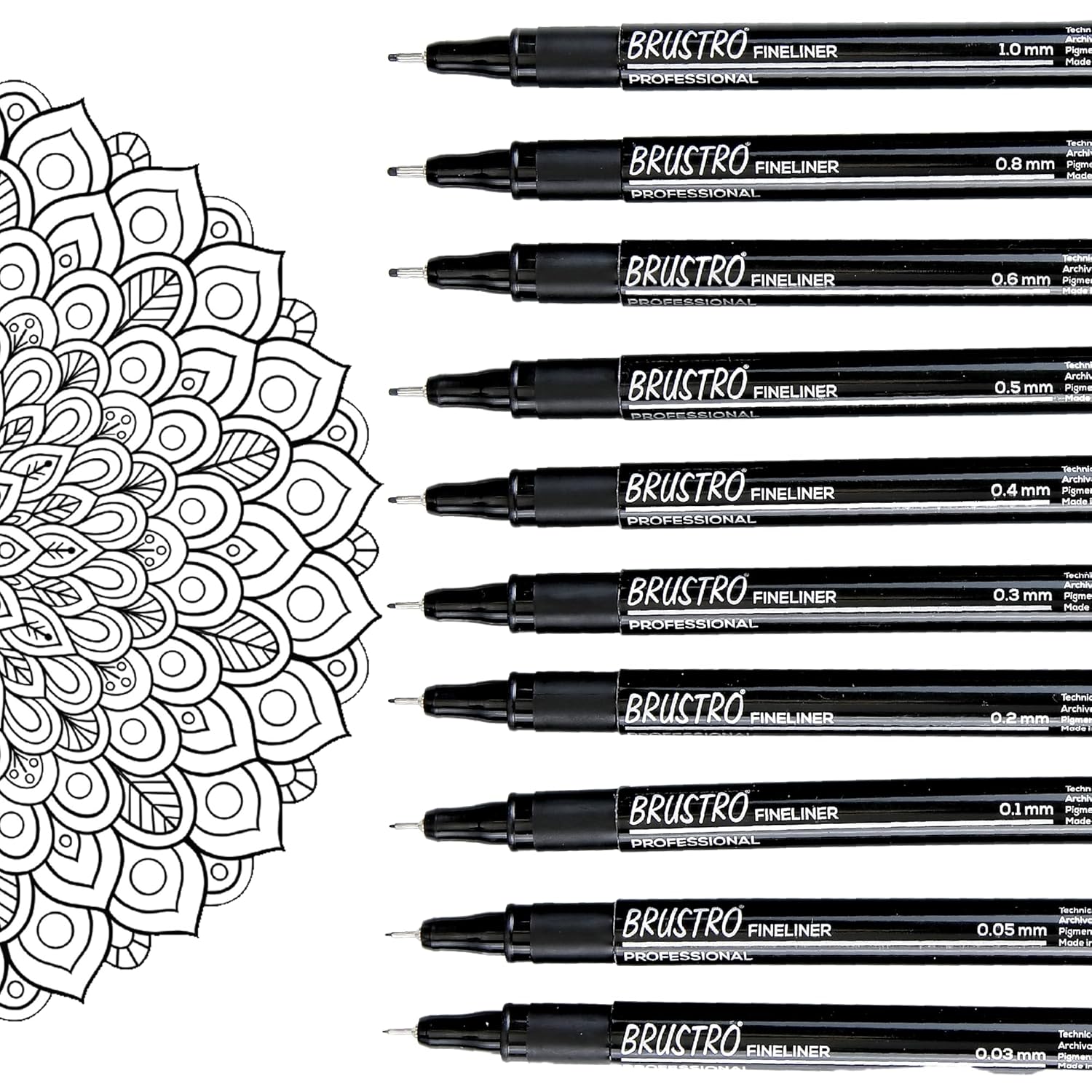 Set of Brustro fineliners with a mandala design on a white background
