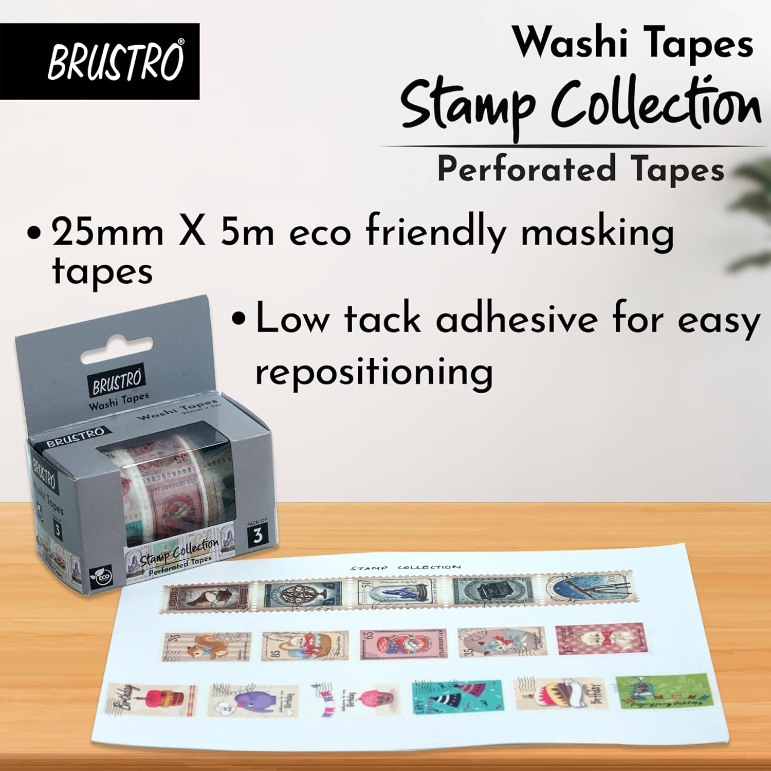 BRUSTRO Washi Tapes Stamp Collection with packaging and samples on a wooden surface