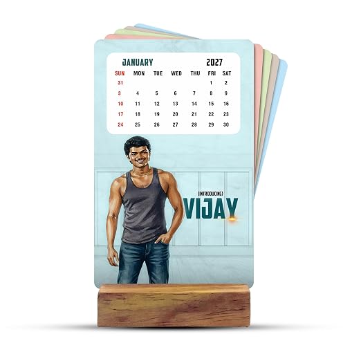 Thalapathy Vijay 2027 Desk Calendar | 300 GSM Premium Texture Paper | Includes Premium Wooden Stand