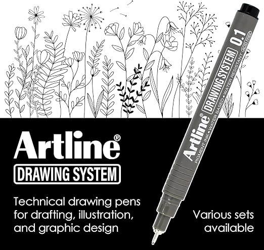 Artline Drawing System Pen Pack of 6 | Black Colour - 0.1mm, 0.2mm, 0.3mm, 0.5mm, 0.05mm, 0.8mm Fine Tips | Technical Drawing Pens For Drafting, Illustrating