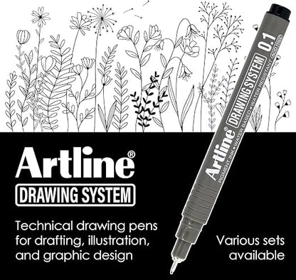 Artline Drawing System Pen Pack of 6 | Black Colour - 0.1mm, 0.2mm, 0.3mm, 0.5mm, 0.05mm, 0.8mm Fine Tips | Technical Drawing Pens For Drafting, Illustrating