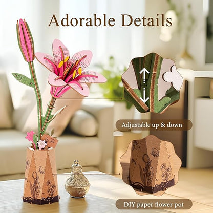 Collage of decorative items including a pink flower, adjustable stand, and DIY paper flower pot on a blurred indoor background.